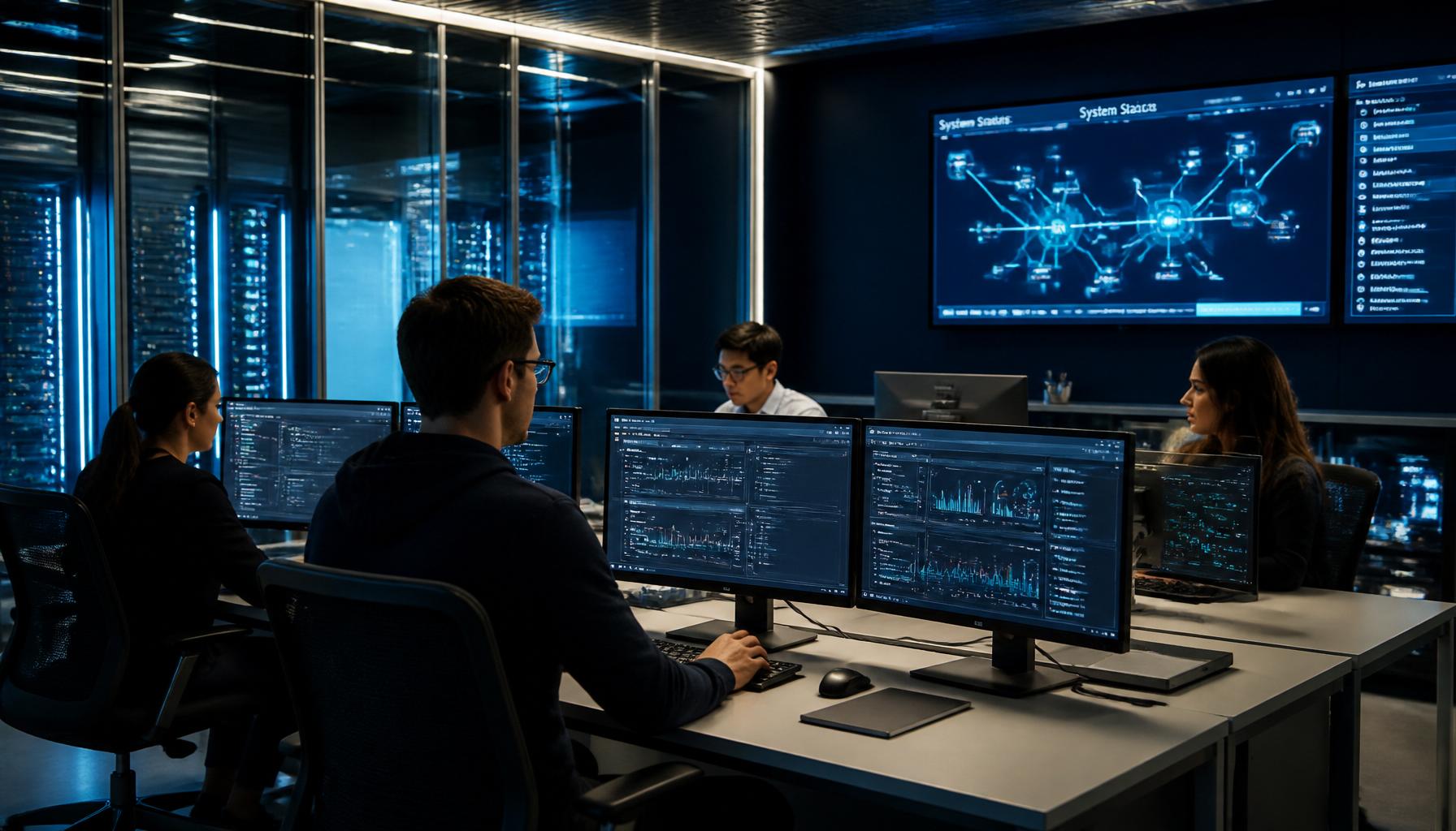 AA IT Support technicians monitoring client systems in a modern operations center