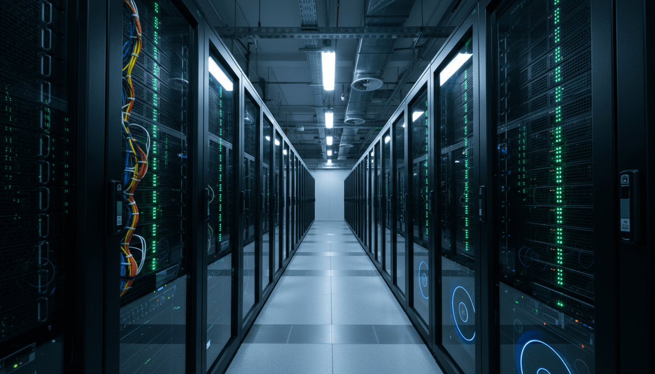 Close-up of server rack status lights in a cool-lit data center