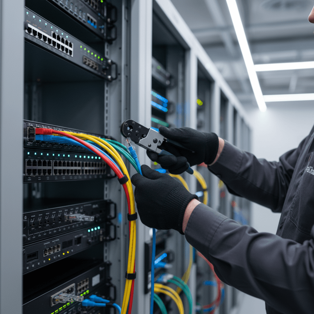 IT engineer configuring VoIP server hardware